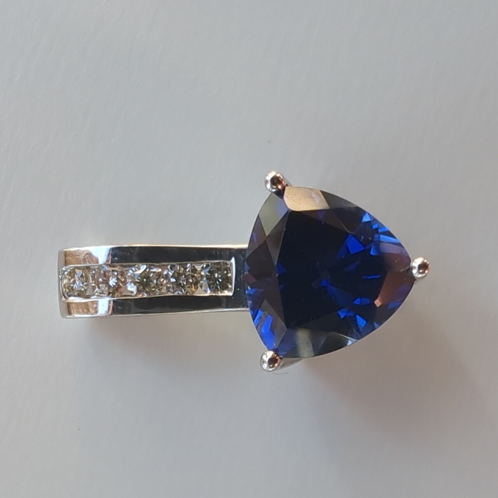 10k White Gold Diamond and Trillion Cut Sapphire Pendant